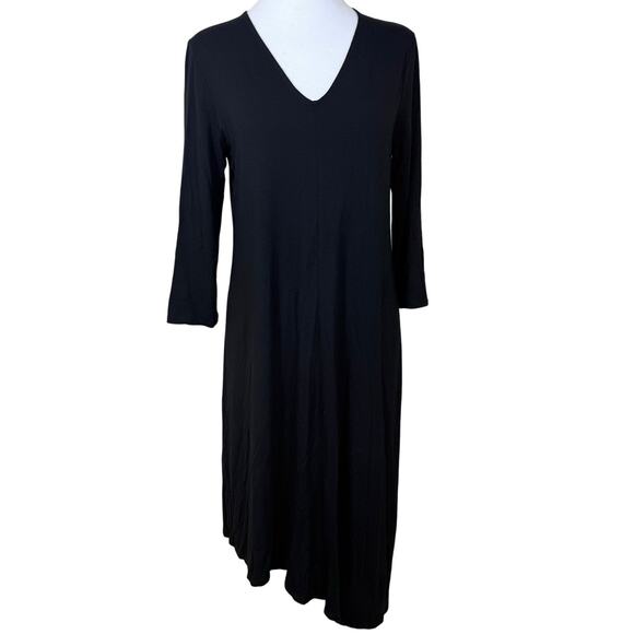 Eileen Fisher Asymmetrical Midi Dress Medium Black V Neck Minimalist - Picture 1 of 7